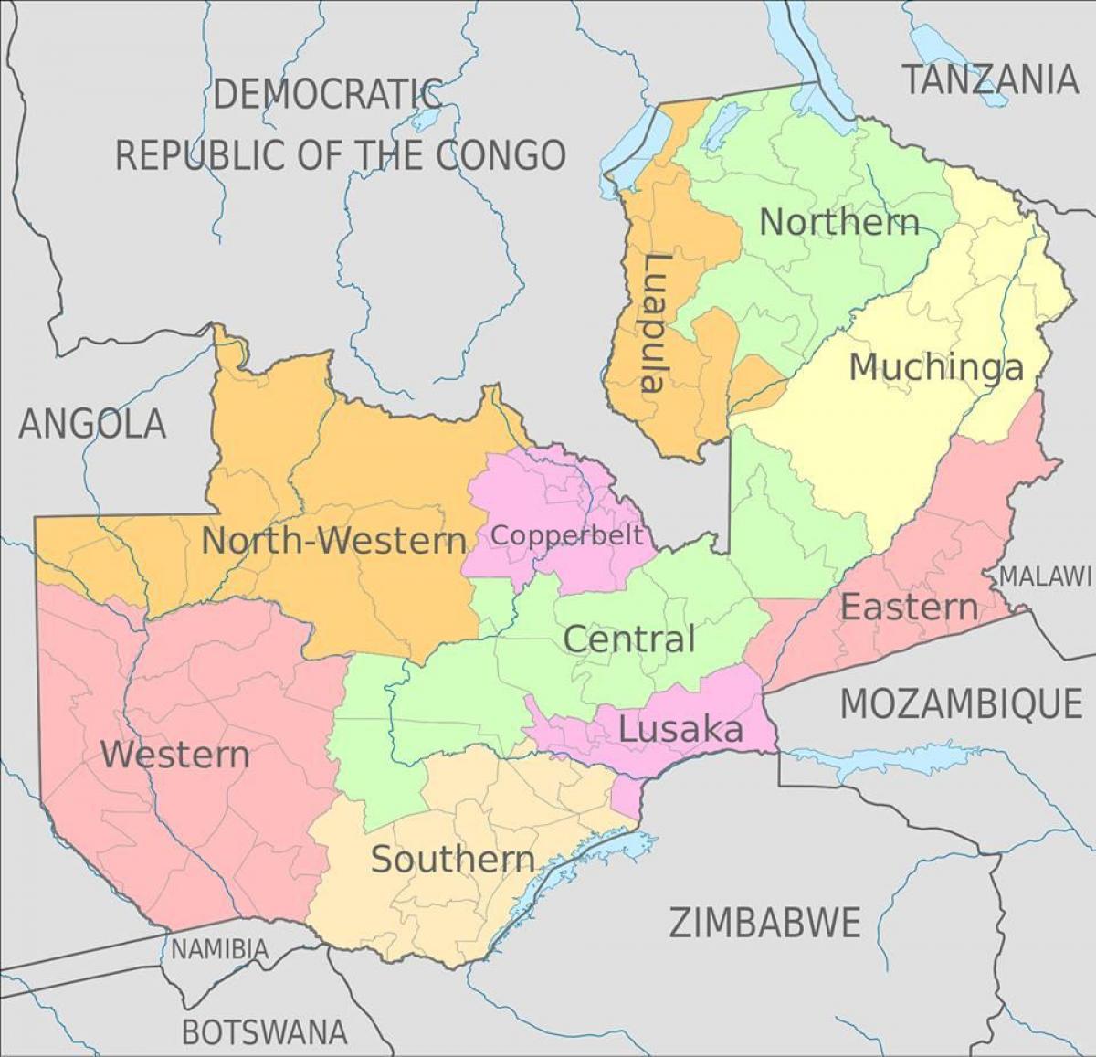 karta Zambije pokazuje 10 provincija