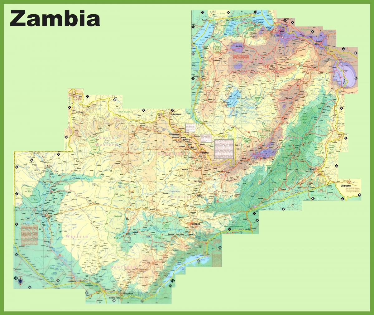 karta Zambije sa naznakom svih gradova