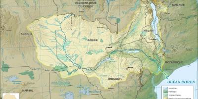 Karta Zambije pokazujući rijeka i jezera