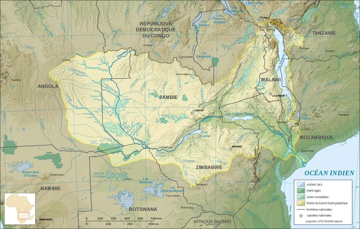 karta Zambije pokazujući rijeka i jezera